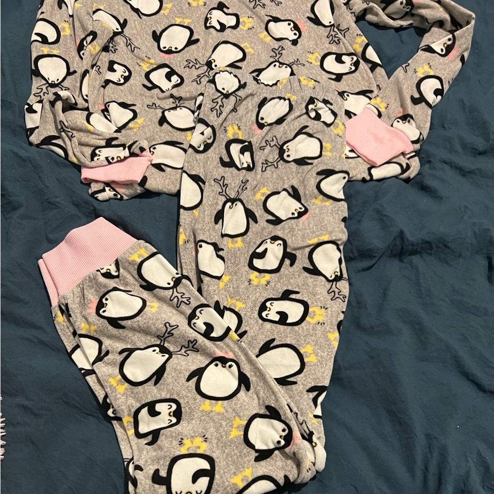 Holiday Time Gray and Pink Penguin Kids Pajama Set